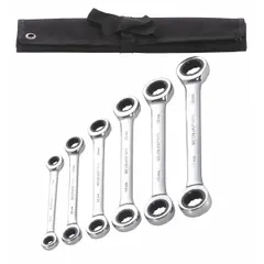 This set includes six alloy steel wrenches with a chrome finish, each featuring double-ended 12-point ratcheting box ends. The head sizes range from 8 mm to 19 mm, allowing for tightening or loosening metric fasteners in confined spaces without repositioning the tool. A canvas pouch is included for storage.