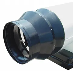 Steel duct adapter for connecting ducting to indirect-fired portable oil and kerosene torpedo heaters. Measures 12 inches in diameter with a 0.03-inch thickness. Directs heated air to targeted areas in construction sites, warehouses, and industrial workspaces.