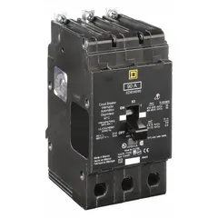 Three-phase miniature circuit breaker rated 90 A at 277/480V AC. Features 3 poles and a maximum interrupting rating of 18kA at 277/480V AC. Designed for bolt-on mounting in Square D NF panelboards for overcurrent protection in electrical distribution systems.