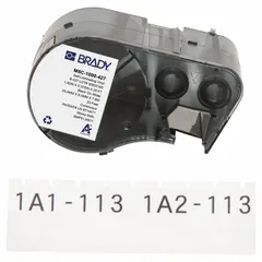 Continuous label roll cartridge for wire and cable identification. White matte vinyl material, 1 inch width by 25 feet length. Designed for wire gauges from 16 AWG to 8 AWG. Compatible with BMP51 printer series; requires R4300 ribbon. Used for permanent labeling of wires in control panels, data centers, and electrical installations.