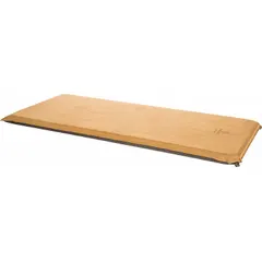 This self-inflating sleeping pad is made of polyester in a tan and black color scheme. It measures 77 inches in length, 32 inches in width, and 3 inches in thickness, and includes a carry bag for storage and transport. Designed for use with camping cots, it provides cushioned insulation to improve sleep comfort outdoors.