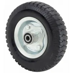 Flat-free solid rubber wheel with 8 in diameter and 1 1/2 in width. Steel hub supports 280 lb load capacity. Suitable for industrial carts, dollies, and light-duty material handling equipment in workshops and warehouses.