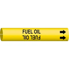 This snap-on pipe marker identifies fuel oil lines and fits pipe outer diameters of 4 to 6 inches. The yellow background with black legend and directional arrows aids in flow direction and hazard communication. Suitable for industrial piping systems requiring clear line identification.