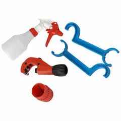 This compressed air maintenance tool set includes two spanner wrenches, a pipe cutter, a pipe reamer, and a sprayer bottle. Designed for use with 1-1/2 in fastener sizes, it is suited for assembling and maintaining compressed air piping systems in industrial pneumatic networks.