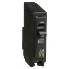 Single-pole, plug-in miniature circuit breaker rated 60 A at 120/240V AC. Provides overcurrent protection for branch circuits in residential and commercial electrical systems. Suitable for use with QO Load Centers and NQ Panelboards. Maximum interrupting rating of 10kA at 120/240V AC.