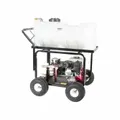This mobile roll-cage enclosed electric hydrostatic test pump features a triple diaphragm design and 10 gpm flow rate with 3/4" connections. It includes (4) wheels for portability. Typical applications include pressure testing of pipelines, valves, and pressure vessels.