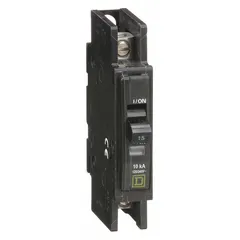 Single-pole miniature circuit breaker rated 15 A at 120/240V AC, with a maximum interrupting rating of 10 kA at 120/240V AC. Designed for unit-mount installation in air conditioning and refrigeration equipment. Part of the QOU Series.
