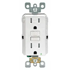 This LEVITON GFCI receptacle is a decorator duplex general-purpose outlet rated 125V AC, 15A, with a NEMA 5-15 configuration and 2-pole/3-wire grounding. The white finish suits standard residential and commercial installations. It provides ground-fault circuit interruption for personnel protection in areas where electrical shock risk is elevated.