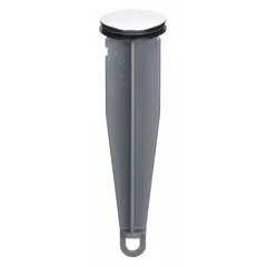 This KISSLER sink drain stopper is a pop-up plug made of plastic with a silver finish. It has a 1-1/4 inch overall diameter and is designed to seal sink drains for holding water during washing or soaking tasks.