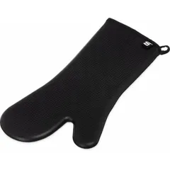 Silicone oven mitt with 17 in overall length. Provides heat protection for handling hot pans, trays, and oven racks in commercial kitchens and food-service environments.