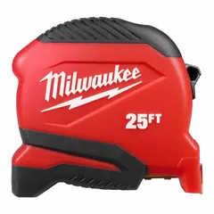 This 25 ft tape measure features SAE inch graduations with a 1/16 in scale and a 9 ft standout. It includes a Finger Brake, Manual Lock, and a Nonmagnetic Single Hook tip. The plastic housing is black and red. Suitable for measuring distances in construction, carpentry, and general contracting tasks.