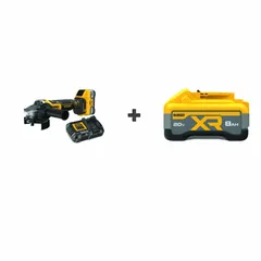 This cordless angle grinder operates on a 20V DC brushless motor and accepts 5 in and 4-1/2 in wheels. It features an anti-rotation brake and includes two 8.0 Ah batteries and a standard head. Suitable for cutting, grinding, and surface preparation on metal and masonry in fabrication and maintenance tasks.