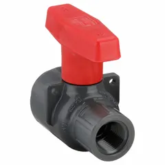 PVC straight ball valve with FNPT female threaded ends. Quarter-turn operation for on/off flow control. Rated for 235 psi CWP. Suitable for water, chemical, and air service in industrial piping systems.