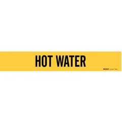 Yellow adhesive pipe marker with black legend reading 'Hot Water'. Fits pipe outer diameters from 2-1/2 to 7-7/8 inches. Used to identify hot water lines in industrial piping systems for safety and compliance.