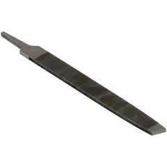 This 12-inch mill file features a tapered rectangular shape with a single-cut tooth pattern and bastard cut. It measures 1 3/16 inches wide and 13/64 inches thick, with a black oxide finish. Suitable for precision filing and deburring on metal surfaces in industrial machining and fabrication applications.