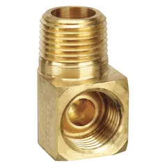 Threaded brass inverted flare tube fitting with 5/8"-1 thread size A, complying with ASME standards. Used to connect tubing in hydraulic, pneumatic, and fuel systems where a 90-degree elbow is needed for space-constrained installations.