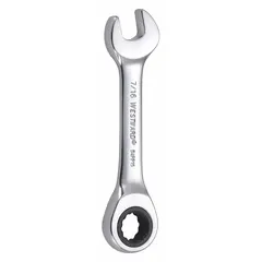 This SAE 12-point ratcheting combination wrench is constructed from alloy steel with a chrome finish. It features a 7/16-inch head size and a 4-inch overall length, suitable for tightening or loosening fasteners in confined spaces during automotive repair, machinery maintenance, and general assembly.