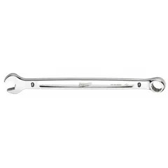 Chrome vanadium steel combination wrench with chrome finish. 12-point box end and open end for tightening or loosening fasteners. 9 mm head size, 5 7/8 in overall length. Suitable for mechanical and maintenance tasks on metric fasteners.