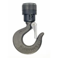 This lower hook assembly is a replacement bottom hook for hoists. It is used in industrial lifting applications to attach loads to hoist chains or cables. Typical uses include manufacturing, warehousing, and construction environments.