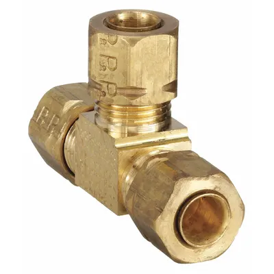 PARKER Compression Tee Fitting: 3/16 in OD x 3/16 in OD x 3/16 in OD Fitting Size, Brass - Self-Aligning Brass Compression Fittings
