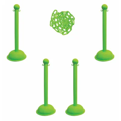 OEM Safety Green Plastic Chain Barrier Kit, 6 Posts, 30 ft Chain - Solid-Color Plastic Chain Barrier Systems
