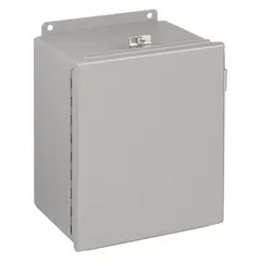 This WIEGMANN steel washdown enclosure measures 8 in x 6 in x 3 in and features a solid hinged cover with clamp closure. Rated NEMA 12/13/4, it provides protection against dust, falling dirt, dripping noncorrosive liquids, and hose-directed water. Knockouts are not included. Suitable for indoor use in industrial environments.