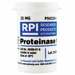 Lab-grade protease inhibitor supplied as 25 mg of powder in a plastic container. Used in molecular biology to digest proteins and inactivate nucleases during DNA or RNA purification, sample preparation for PCR, sequencing, and enzymatic assays.