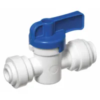 This manual two-way ball valve features an acetal body and a wedge handle for on/off flow control. It has a 1/4-inch straight push x push connection with standard port. Suitable for low-pressure fluid systems requiring corrosion resistance
