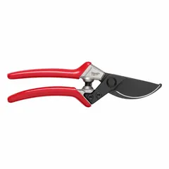 Pruning shears with a steel blade and aluminum handles, offering a 1-inch cutting capacity. Overall length is 2 1/2 inches. Includes cushioned grip for comfort. Suitable for cutting branches and stems in landscaping and gardening tasks.