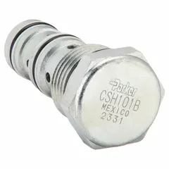 Steel block-mounted cartridge shuttle valve with two-position, two-way configuration. Designed for C10-3 cavity size. Nitrile seals. Used in hydraulic systems to select or combine flow from two sources, common in load-sensing and pilot-operated circuits.