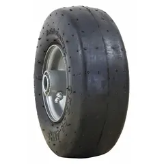 Lawn mower tire with smooth tread pattern for minimal ground disturbance. Size 9X3.50-4, weight capacity 350 lb. Suitable for residential and commercial mowing applications on turf and hard surfaces.