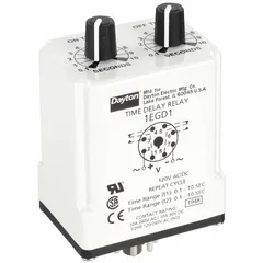 This Dayton socket-mounted time delay relay is rated for 120V AC and 10 A, with 8 pins/terminals. It is used in industrial control panels for timing operations such as motor start sequencing, conveyor timing, and HVAC system staging. The relay installs into standard 8-pin sockets for DIN-rail or panel enclosures.