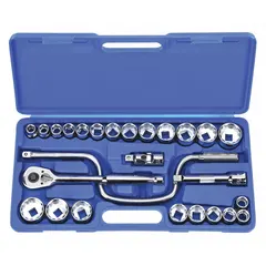 This 26-piece socket set includes 1/2 in drive tools and sockets in both 12-point and 6-point configurations. The set covers SAE sizes from 7/16 in to 1-1/4 in. Suitable for tightening and loosening fasteners in automotive repair, machinery maintenance, and general assembly tasks.