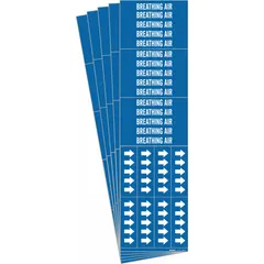Blue adhesive pipe markers with white legend text reading 'Breathing Air' and arrows indicating flow direction. Each pack contains 3 markers, sold in a 5-pack quantity. Designed for pipes with an outer diameter of 3/4 inch and smaller. Used to identify pipes carrying breathable air in industrial facilities.