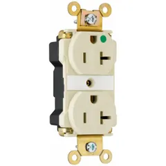 Duplex general purpose receptacle rated 125V AC, 20 A, NEMA 5-20R, 2 pole / 3 wire. Ivory finish. Suitable for use in commercial and institutional settings where a standard 20 A, 125 V receptacle is required.
