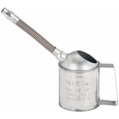 Silver measuring container with a 1 qt fluid capacity, 5 in overall diameter, 6 in overall height, and a 7 1/2 in flexible spout. Used for precise fluid transfer and measurement in industrial maintenance, automotive, and workshop applications, allowing access to tight spaces.