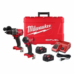 This cordless combination kit includes an M18 FUEL hammer drill and impact driver, both operating at 18 V DC. The hammer drill is suited for drilling into wood, metal, and masonry, while the impact driver provides high torque for driving screws and bolts. Typical applications include construction, renovation, and maintenance tasks requiring portable, high-torque tools.