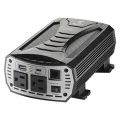 This pure sine wave inverter converts 10–15V DC input to 115V AC at 60 Hz with 400 W continuous output. It features four AC outlets and input terminals for DC connection. Suitable for powering sensitive electronics in vehicles, boats, or off-grid locations.
