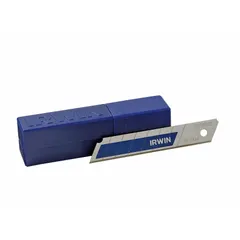 Straight-edge standard-tip replacement snap-off blades for utility knives. Each blade has 8 segments, 11/16 in width, and 0.02 in thickness. Suitable for cutting drywall, cardboard, plastic sheeting, and other light-duty materials. Pack of 10.