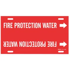 Red pipe marker with white legend reading 'Fire Protection Water' and directional arrows. Fits pipe outer diameters of 10 to 15 inches. Used to identify fire protection water lines in industrial piping systems.