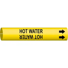 Yellow snap-on pipe marker with black text and arrows for identifying hot water lines. Fits pipe outer diameters from 1-1/2 to 2-3/8 inches. Includes directional arrows to indicate flow direction. Used in industrial and commercial piping systems for clear line identification.