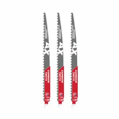 This 3-pack of reciprocating saw blades is designed for cutting and pruning wood. Each blade features 3 teeth per inch, a 12-inch length, and 0.05-inch thickness. The rigid body enables straight cuts, while the curved profile facilitates flush cutting. Suitable for fast, rough cuts in lumber and tree limbs.