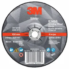 Type 27 depressed center grinding wheel for carbon and stainless steel. Ceramic abrasive with 36 grit provides cool cutting action, reducing heat buildup. Measures 4" diameter, 1/4" thickness, 3/8" arbor hole. Suitable for grinding, blending, and weld preparation in metal fabrication and maintenance.
