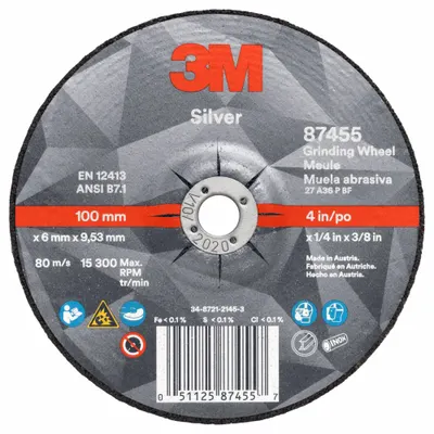 3M Depressed Center Grinding Wheel: Type 27, 4" x 1/4" x 3/8", Ceramic - Cool-Cutting Grinding Wheels for Carbon & Stainless Steel