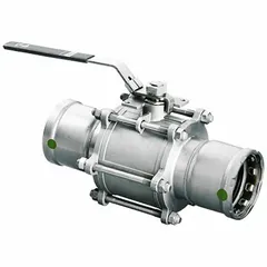 Manual two-way ball valve with a 316 stainless steel straight valve body and EPDM seals. Features a locking lever handle for secure on/off flow control. Suitable for water, air, and non-aggressive fluids in commercial and industrial piping systems.