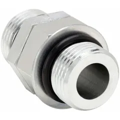 Steel straight union adapter with 1-1/4 in male NPT and 1-1/4 in male SAE threads. Rated for maximum operating pressure of 4,000 psi. Used in high-pressure hydraulic systems to connect two male-threaded pipes.