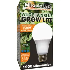 This A19-shaped LED grow bulb provides a full/broad spectrum optimized for flowering plant growth. It operates at 120V with a 150W incandescent watt equivalency. Suitable for indoor horticulture, greenhouses, and hydroponic setups during the bloom phase.
