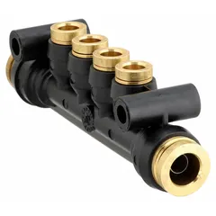 This push-fit fitting reduces tubing from 3/8 in OD to 1/4 in OD. It is made of nylon and designed for tube x tube connections in pneumatic and air brake systems. The push-fit design enables tool-free installation in compressed air lines.