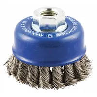 Heavy-cleaning cup brush for contoured stainless steel surfaces. Features a 3 1/2 in diameter, 0.02 in fill diameter, and 5/8"-11 arbor hole. Standard twist knot wire bristles provide aggressive cleaning action. Suitable for removing rust, scale, and weld splatter from contoured metal surfaces