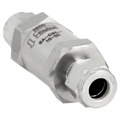 This Parker poppet check valve features an inline valve body with compression connections, constructed from stainless steel. It is designed to prevent backflow in fluid and gas media systems, commonly used in process instrumentation, chemical injection, and hydraulic circuits.